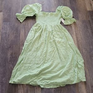 Aura Light Green Windowpane Midi Dress with Puff Sleeves
